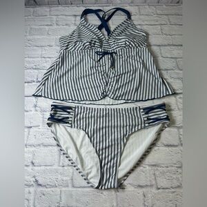 Nautical Navy/White Striped Tankini 2 Piece Swim Suit. Size 2X. #fishermancore
